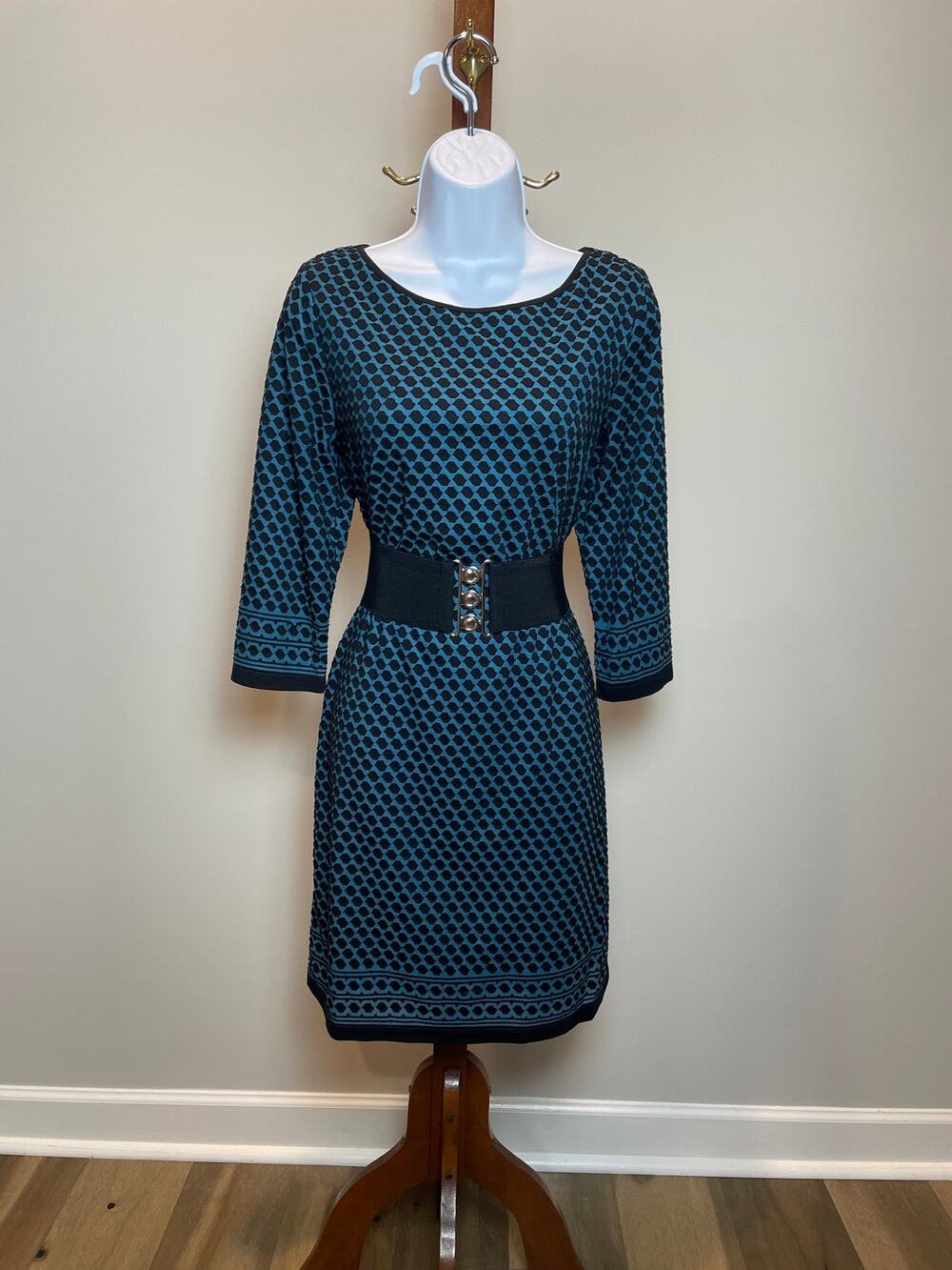 Sophie Max Teal Black Textured Polka Dot Shift Dress Womens Size L